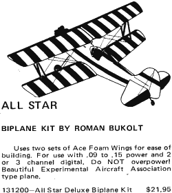 Ace All Star biplane advertisement from 1974 American Aircraft Modeler magazine - Airplanes and Rockets