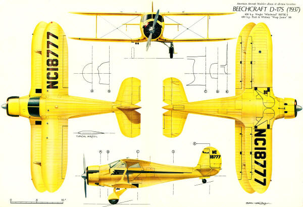 1937 Beechcraft D-17S Staggerwing 4-View (August 1968 American Aircraft Modeler) - Airplanes and Rockets