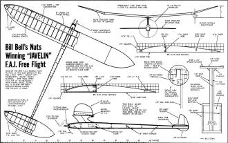 Bill Bell's Nats Winning "Javelin" F.A.I. Free Flight Plans, October 1962 American Modeler - Airplanes and Rockets