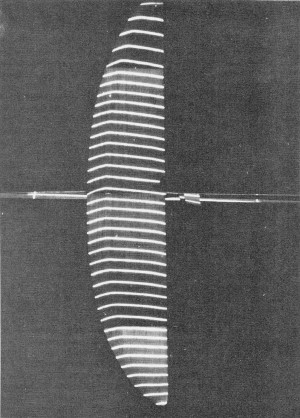 This eerie looking photo is an illumination of the wing with "sheets" of light to show the airfoil section - Airplanes and Rockets