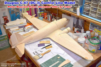 Douglas C-47 (DC-3) control line model ready for covering with Silkspan and dope ( rear 3/4 view) - Airplanes and Rockets