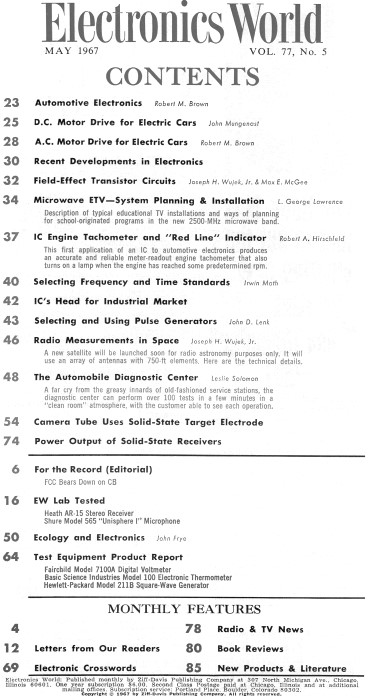 May 1967 Electronics World Table of Contents - Airplanes & Rockets