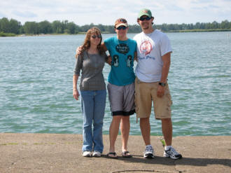 Melanie, Sally, and Matt at the pier, Flagship Niagara Day Sail on July 3, 2009 - Airplanes and Rockets