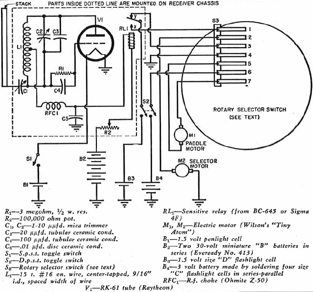 Wiring diagram of the receiver, motors, and selector switch contact fingers - Airplanes and Rockets