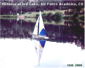 Thunder Tiger Victoria RC sailboat close hauled at Ice Lake at the U.S. Air Force Academy, in Colorado Springs, CO - Airplanes and Rockets
