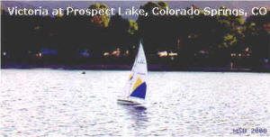 Thunder Tiger Victoria RC sailboat on a tack in Prospect Lake in Colorado Springs, CO