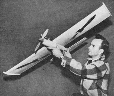 Musciano with his giant; upright ignition motor, July 1951 Air Trails - Airplanes and Rockets