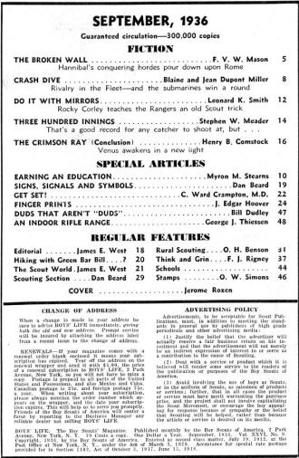 September 1936 Boys' Life Table of Contents - Airplanes and Rockets