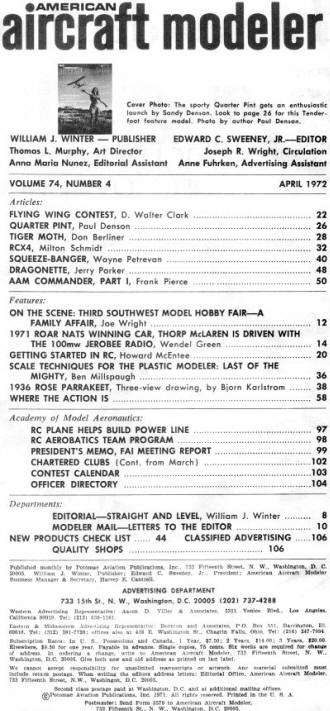 April 1972 American Aircraft Modeler Table of Contents - Airplanes and Rockets