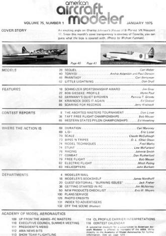 Table of Contents for January 1975 American Aircraft Modeler - Airplanes and Rockets