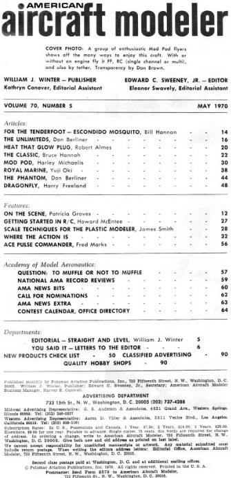 Table of Contents for May 1970 American Aircraft Modeler - Airplanes and Rockets