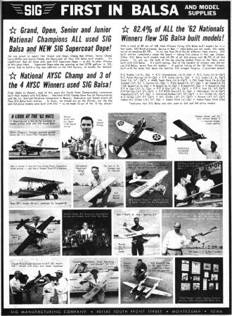 SIG Manufacturing Company Advertisement, January/February 1963 American Modeler - Airplanes and Rockets