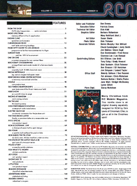 December 1975 R/C Modeler Table of Contents - Airplanes and Rockets
