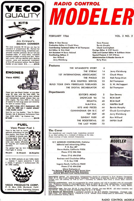 February 1966 R/C Modeler Table of Contents - Airplanes and Rockets