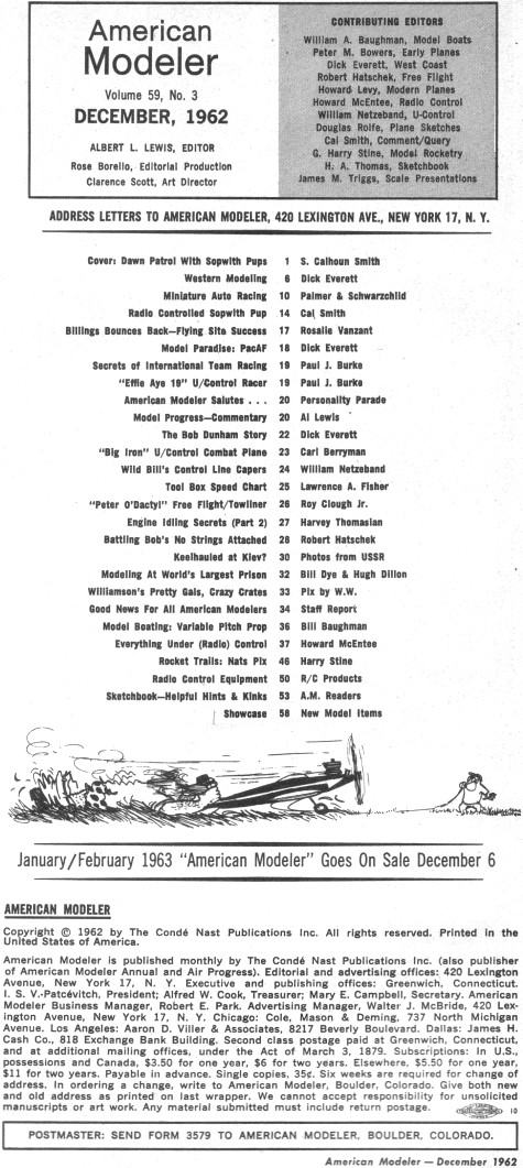 Table of Contents, December 1962 American Modeler - Airplanes and Rockets