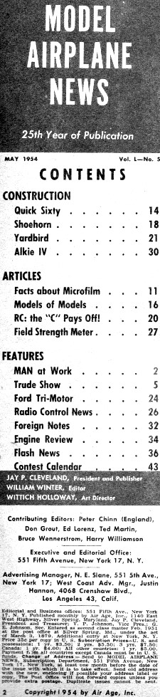 Table of Contents for May 1954 Model Airplane News - Airplanes and Rockets