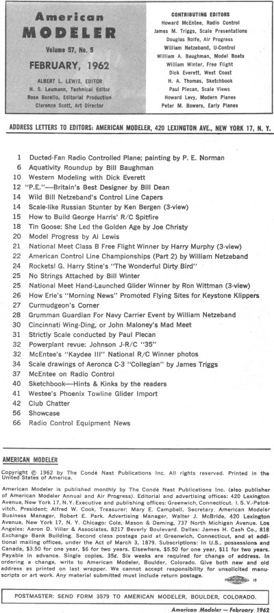 Table of Contents for February 1962 American Modeler - Airplanes and Rockets