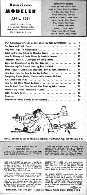 Table of Contents for April 1961 American Modeler - Airplanes and Rockets