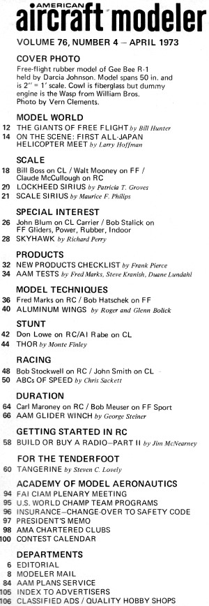 Table of Contents for April 1973 American Aircraft Modeler - Airplanes and Rockets