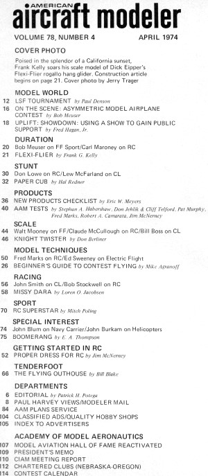 Table of Contents for April 1974 American Aircraft Modeler - Airplanes and Rockets