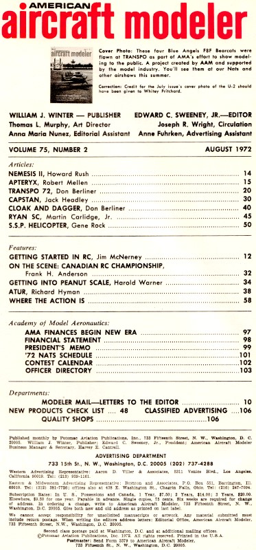 August 1972 American Aircraft Modeler Table of Contents - Airplanes and Rockets