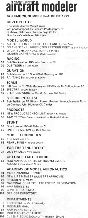 Table of Contents for August 1973 American Aircraft Modeler - Airplanes and Rockets