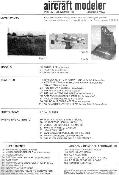 Table of Contents for August 1974 American Aircraft Modeler - Airplanes and Rockets