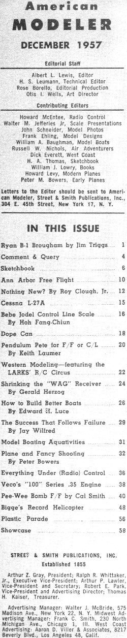 Table of Contents, December 1957 American Modeler - Airplanes and Rockets