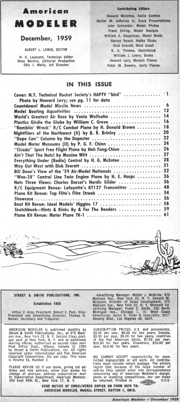 Table of Contents, December 1959 American Modeler - Airplanes and Rockets