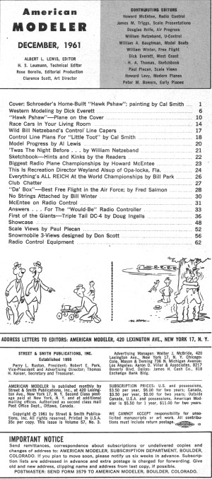 Table of Contents, December 1961 American Modeler - Airplanes and Rockets