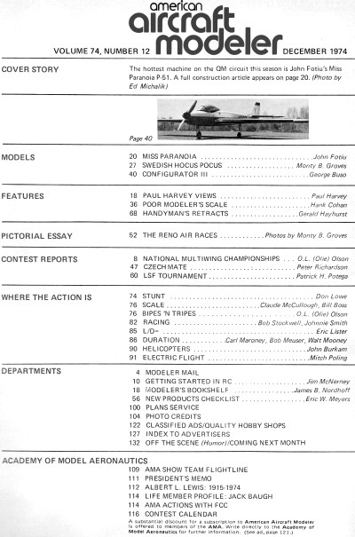 December 1974 American Aircraft Modeler Table of Contents - Airplanes and Rockets