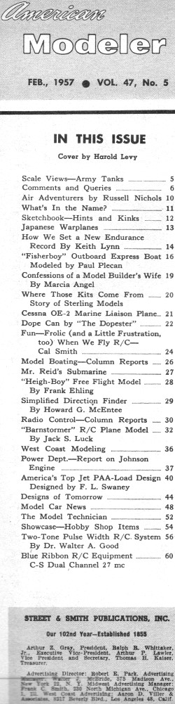 Table of Contents for February 1957 American Modeler - Airplanes and Rockets