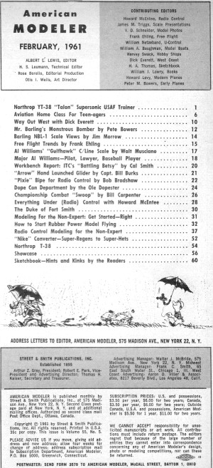 Table of Contents for February 1961 American Modeler - Airplanes and Rockets