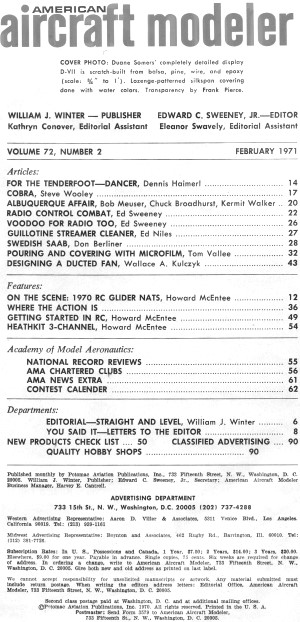 Table of Contents for February 1971 American Aircraft Modeler - Airplanes and Rockets