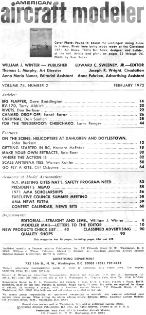 Table of Contents for February 1972 American Aircraft Modeler - Airplanes and Rockets
