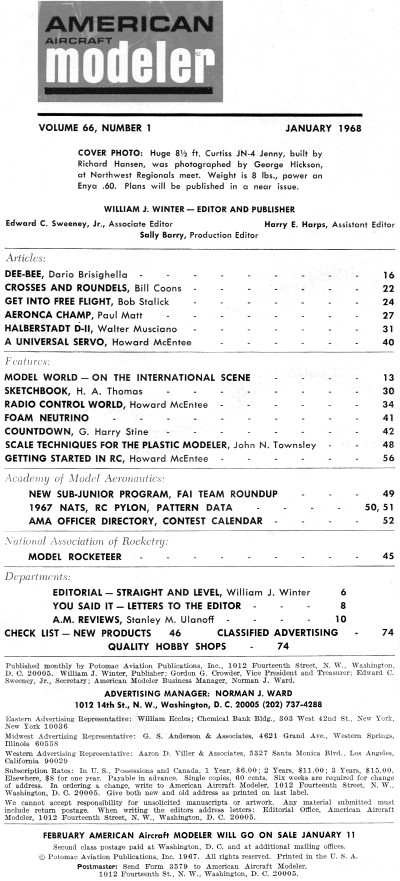 Table of Contents for January 1968 American Aircraft Modeler - Airplanes and Rockets