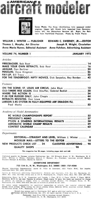 Table of Contents for January 1972 American Aircraft Modeler - Airplanes and Rockets