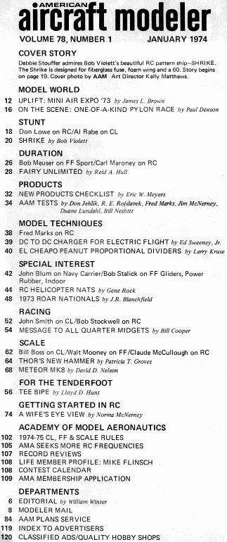 Table of Contents for January 1974 American Aircraft Modeler - Airplanes and Rockets