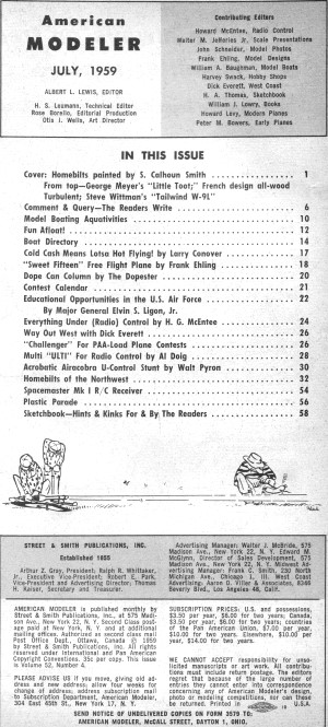 Table of Contents for July 1959 American Modeler - Airplanes and Rockets