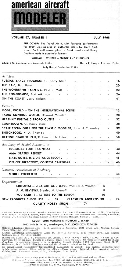 Table of Contents for July 1968 American Aircraft Modeler - Airplanes and Rockets
