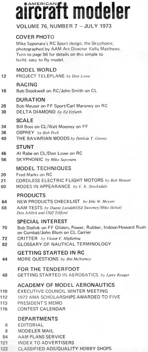 Table of Contents for July 1973 American Aircraft Modeler - Airplanes and Rockets