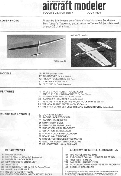 Table of Contents for July 1974 American Aircraft Modeler - Airplanes and Rockets