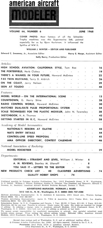 Table of Contents for February 1968 American Aircraft Modeler - Airplanes and Rockets