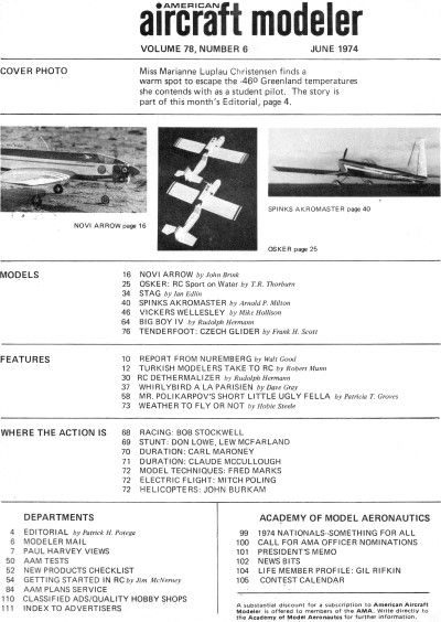 Table of Contents for June 1974 American Aircraft Modeler - Airplanes and Rockets