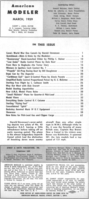 Table of Contents for March 1959 American Modeler - Airplanes and Rockets