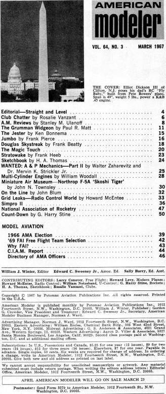 Table of Contents for March 1967 American Modeler - Airplanes and Rockets