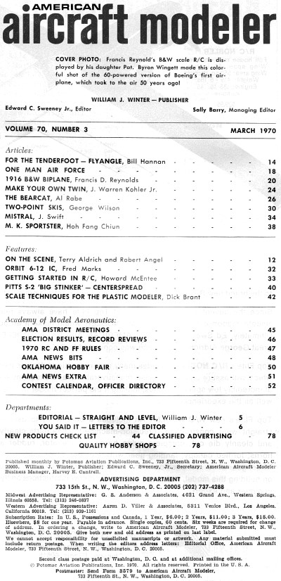 Table of Contents for March 1970 American Aircraft Modeler - Airplanes and Rockets