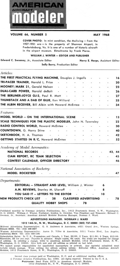 Table of Contents for May 1968 American Aircraft Modeler - Airplanes and Rockets