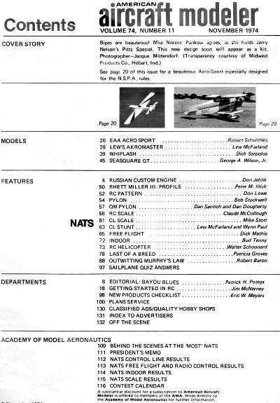 Table of Contents for November 1974 American Aircraft Modeler - Airplanes and Rockets