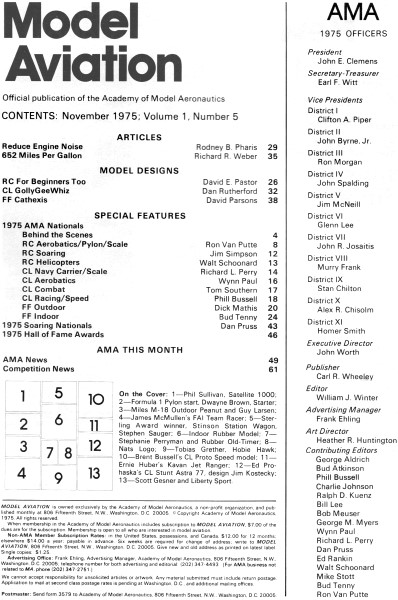 Table of Contents for November 1975 Model Aviation - Airplanes and Rockets